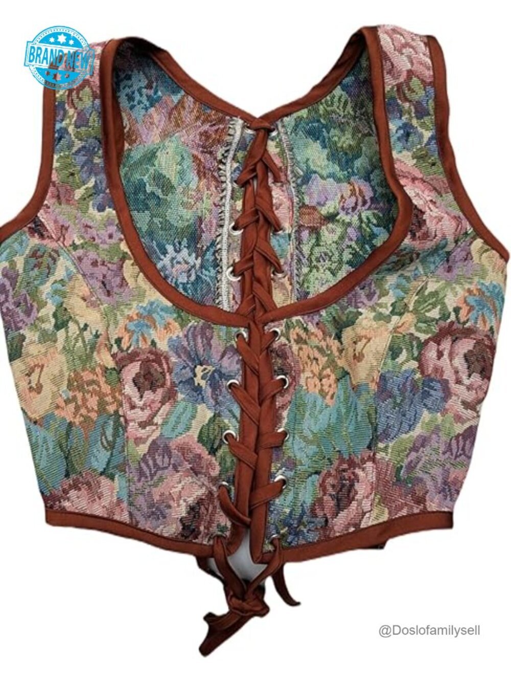 Vintage Tapestry Print Corset Top with Leather Lacing, Renaissance Style